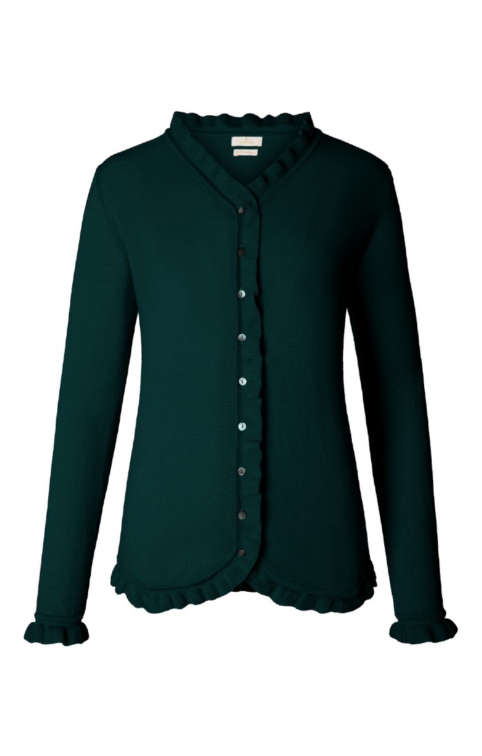 Ladies Merino Cashmere Ruffle Cardigan Black Green House of Bruar