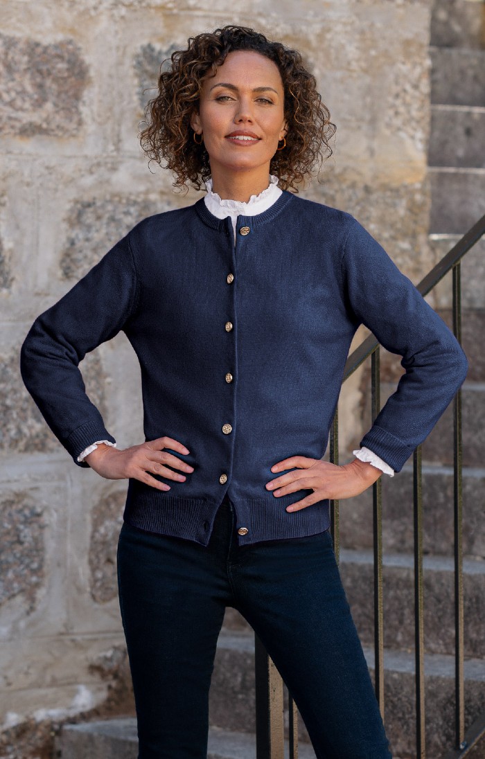 Ladies 3 Ply Cashmere Cardigan, Blue, Navy - House of Bruar