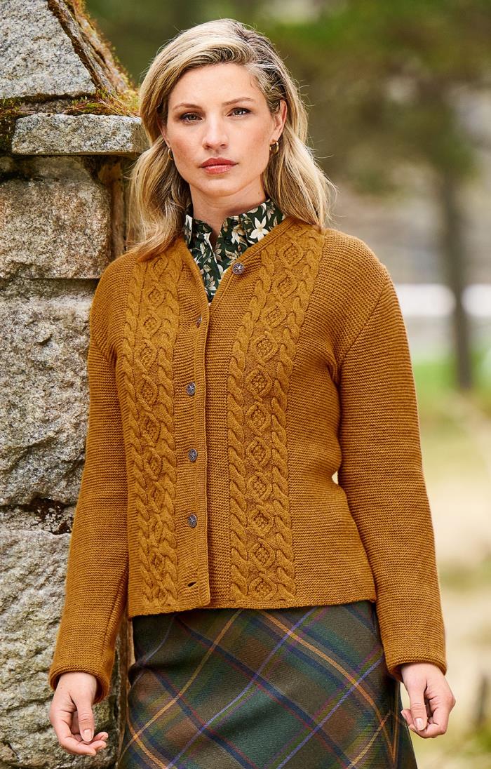 Ladies Cable Cardigan with Back Belt 
