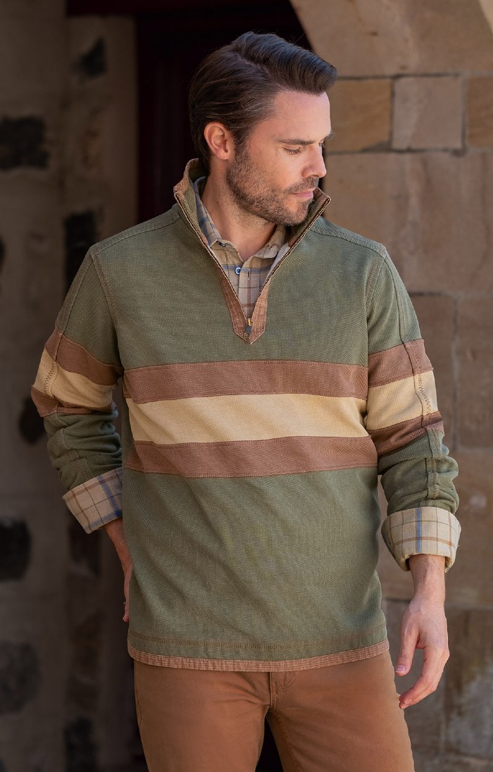 Vintage T-Zip Striped Rugby Shirt, Multi - House of Bruar