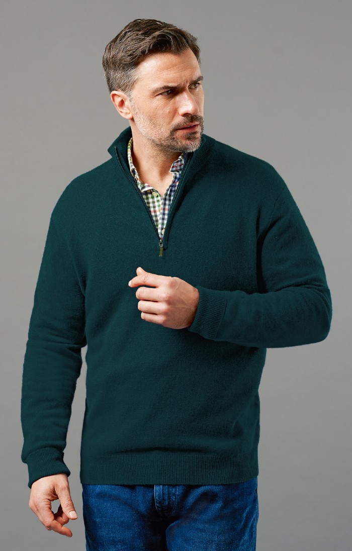 Brodie Cashmere Men's Cashmere T-Zip - Bottle Green