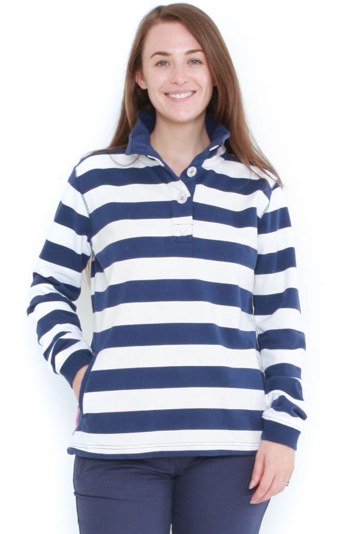 Ladies Lazy Jacks Slim Fit Striped Button Neck Sweatshirt