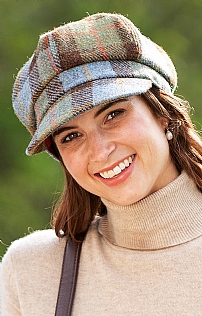 Glen Appin of Scotland Ladies Harris Tweed Baker Boy Cap, Blue Check