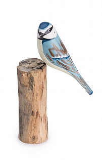 Hand Carved Blue Tit on Log