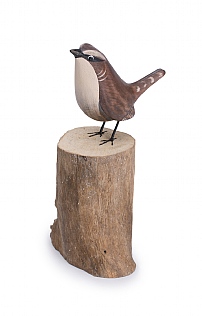 Hand Carved Wren on Log