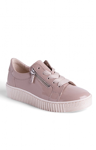 Ladies Gabor Zip Sneaker, Beige Patent