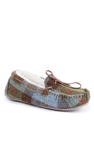 House of Bruar Ladies Harris Tweed Moccasin Slippers, Blue Check