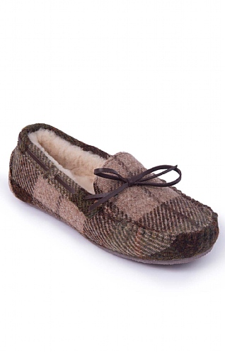 House of Bruar Ladies Harris Tweed Moccasin Slippers, Chestnut Tartan