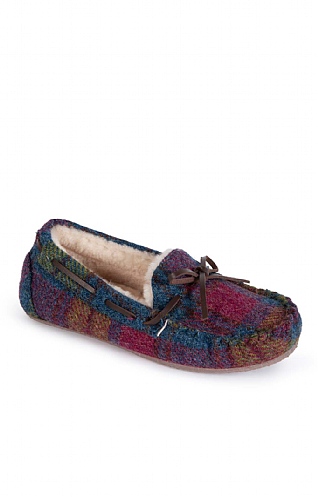 House of Bruar Ladies Harris Tweed Moccasin Slippers, Raspberry