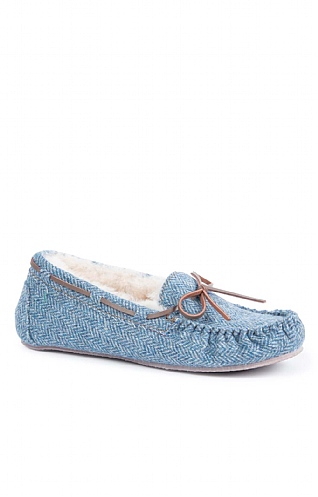 House of Bruar Ladies Shetland Tweed Moccasin Slippers, Blue Herringbone