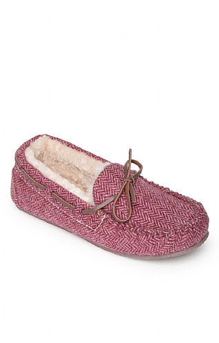 House of Bruar Ladies Shetland Tweed Moccasin Slippers, Pink Herringbone