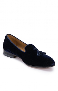 House of Bruar Mens Velvet Tassel Slipper - Navy Blue, Navy