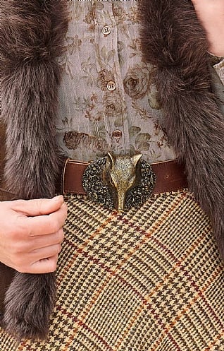 House of Bruar Ladies Mackenzie & George Fox Head Leather Belt, Dark Brown/Antique Gold