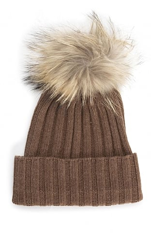 Cashmere & Silk Company Ladies Cashmere & Silk Fox Fur Pompom Hat, Pecan