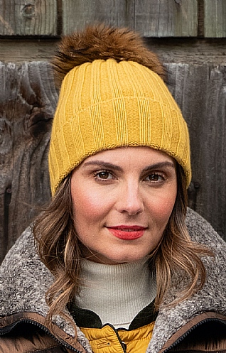 Ladies Cashmere & Silk Fox Fur Pompom Hat