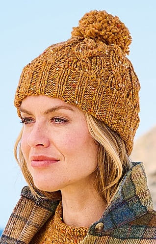 McConnell Woollen Mills Ladies Cable Hat with Pompom, Spice