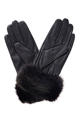 Ladies Barbour Fur Trimmed Leather Gloves - Black, Black