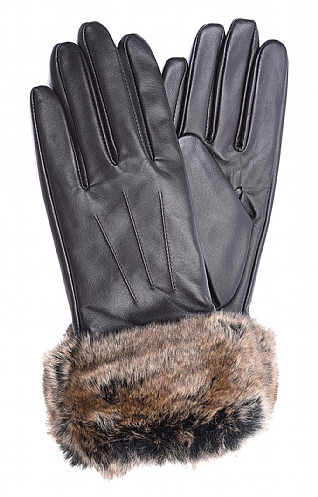 Ladies Barbour Fur Trimmed Leather Gloves, Dark Brown