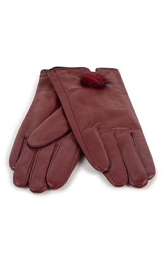 House Of Bruar Ladies Leather Gloves with Fur Bobble - Burgundy red, Burgundy