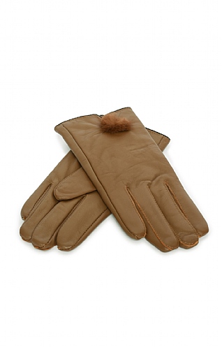 House Of Bruar Ladies Leather Gloves with Fur Bobble, Coffee
