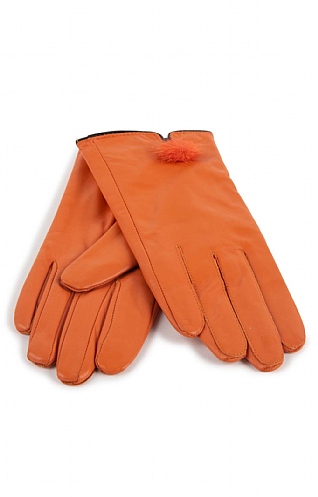 House Of Bruar Ladies Leather Gloves with Fur Bobble, Orange