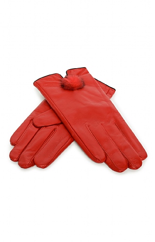 House Of Bruar Ladies Leather Gloves with Fur Bobble - Red, Red