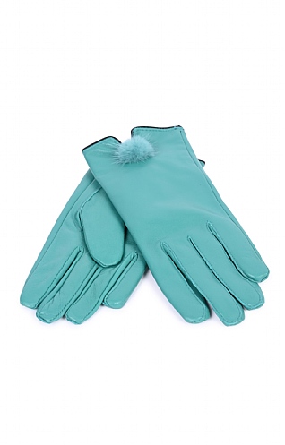 House Of Bruar Ladies Leather Gloves with Fur Bobble, Soft Teal
