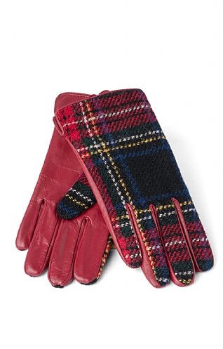 House Of Bruar Ladies Harris Tweed and Leather Gloves, Black Stewart