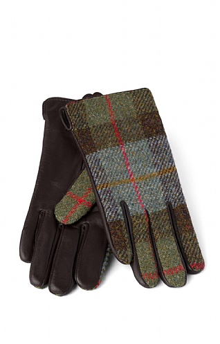 House Of Bruar Ladies Harris Tweed and Leather Gloves, Blue Check