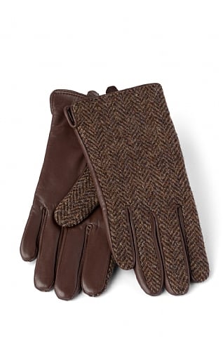 House Of Bruar Ladies Harris Tweed and Leather Gloves, Brown Herringbone