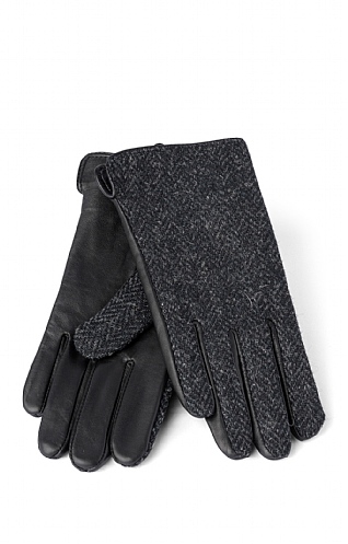 House Of Bruar Ladies Harris Tweed and Leather Gloves, Charcoal Herringbone