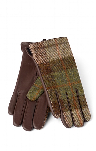 House Of Bruar Ladies Harris Tweed and Leather Gloves, Chestnut Tartan