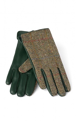 House Of Bruar Ladies Harris Tweed and Leather Gloves, Green Herringbone Overcheck