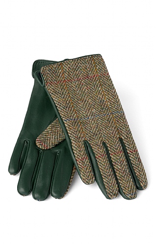 House Of Bruar Ladies Harris Tweed and Leather Gloves, Green Herringbone Overcheck