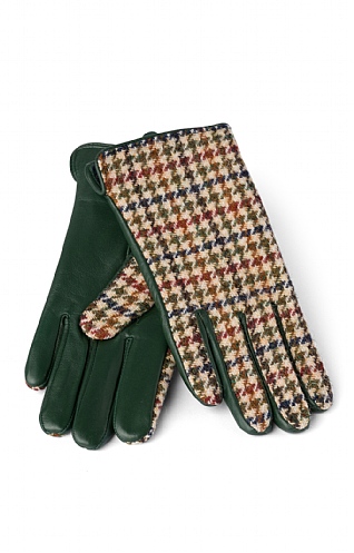 House Of Bruar Ladies Harris Tweed and Leather Gloves, Multi Dogstooth