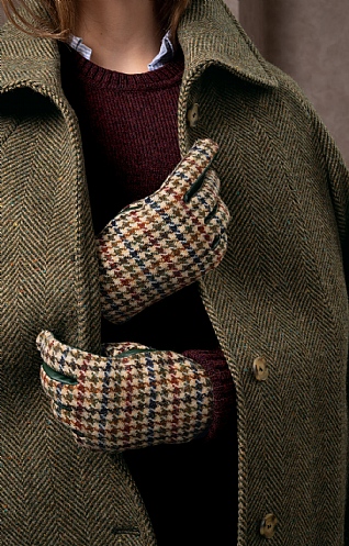 House Of Bruar Ladies Harris Tweed and Leather Gloves, Multi Dogstooth