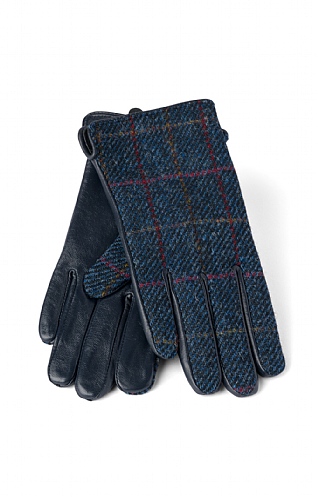 House Of Bruar Ladies Harris Tweed and Leather Gloves, Navy Heringbone