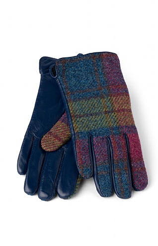 House Of Bruar Ladies Harris Tweed and Leather Gloves, Raspberry