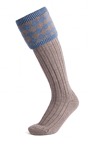 House of Cheviot Merino Diamond Top Shooting Socks, Bison/Bluemix