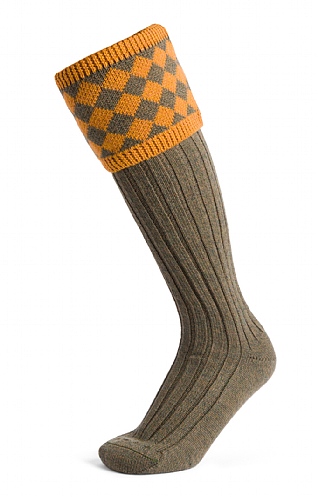 House of Cheviot Merino Diamond Top Shooting Socks, Bracken/Flaxen