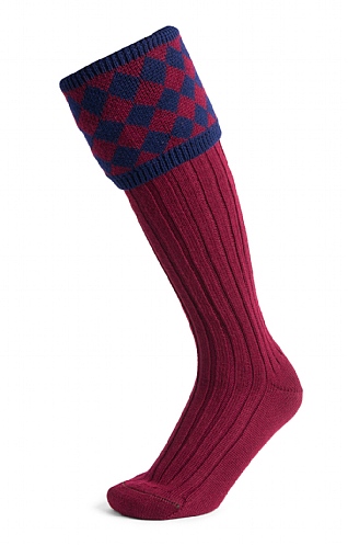 House of Cheviot Merino Diamond Top Shooting Socks, Burgundy/Navy