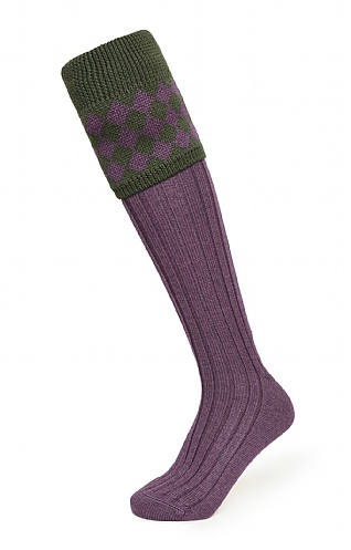 House of Cheviot Merino Diamond Top Shooting Socks, Dk Loden/Thistle