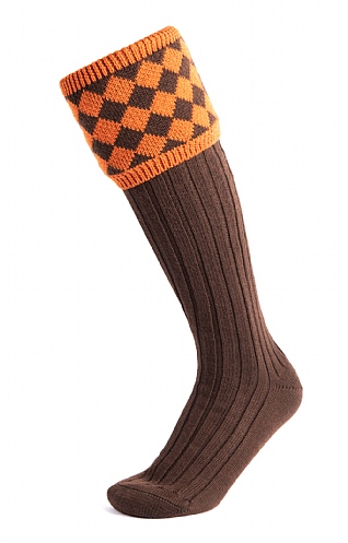 House of Cheviot Merino Diamond Top Shooting Socks, Dark Natural/Burnt Orange