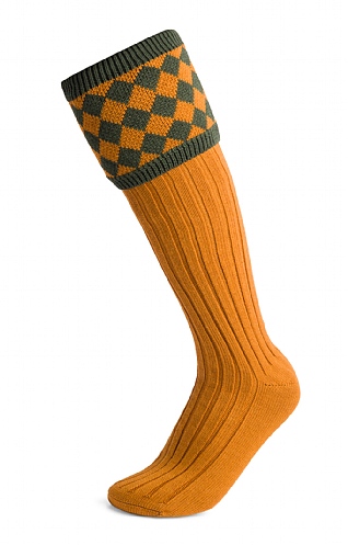 House of Cheviot Merino Diamond Top Shooting Socks, Ochre/Spruce