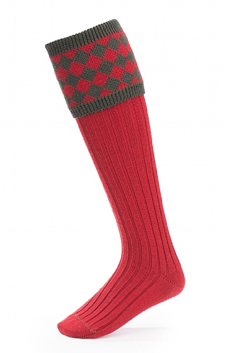 House of Cheviot Merino Diamond Top Shooting Socks, Brick Red/Spruce