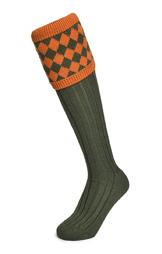 House of Cheviot Merino Diamond Top Shooting Socks, Spruce/Burnt Orange