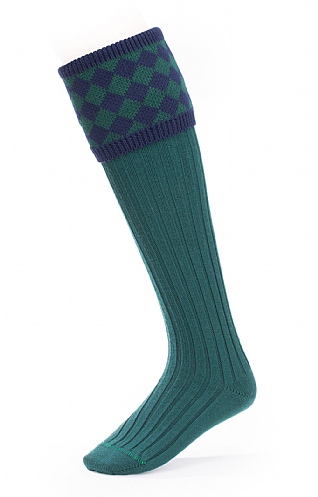 House of Cheviot Merino Diamond Top Shooting Socks, Tartan Green/Navy