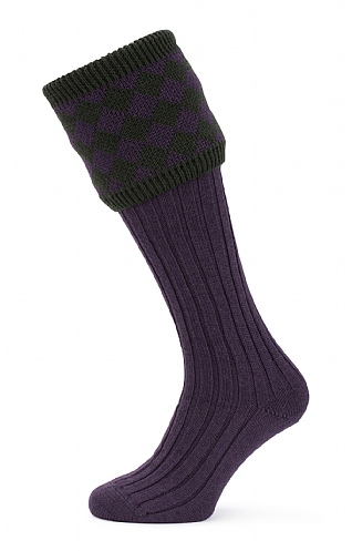 House of Cheviot Merino Diamond Top Shooting Socks, Thistle/Dark Loden