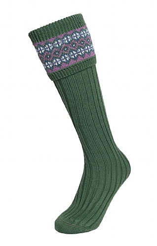 House of Cheviot Ladies Merino Fairisle Sock, Ancient Green