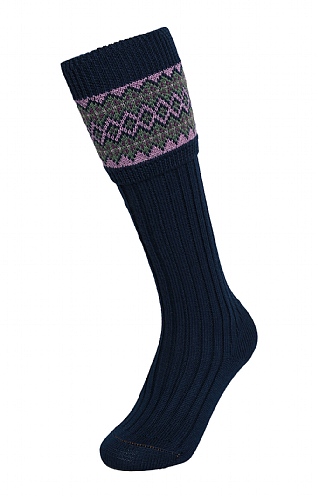 House of Cheviot Ladies Merino Fairisle Sock - Navy Blue, Navy